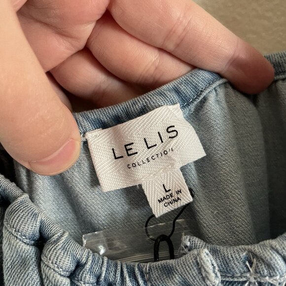 LE LIS Women L Denim Casual 90s Rodeo Puff Sleeve Button Front Mini Dress NWT - Picture 7 of 12